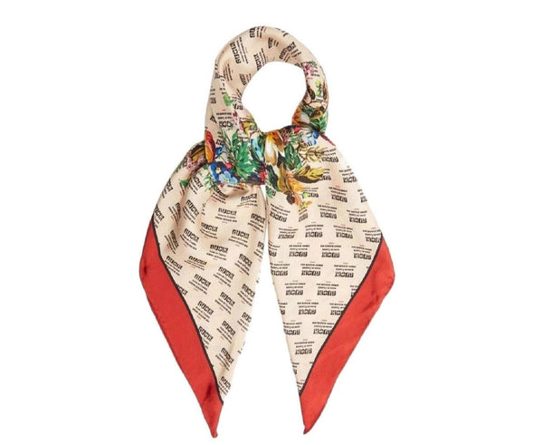 Gucci Women's Beige Monogram Logo Print Red Flower Motif Silk Scarf 513127 9274