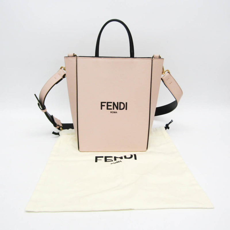 Fendi Logo Shopper Beige Leather Shoulder Bag (Pre-Owned)