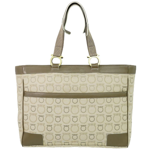 Salvatore Ferragamo Gancini Beige Canvas Tote Bag (Pre-Owned)