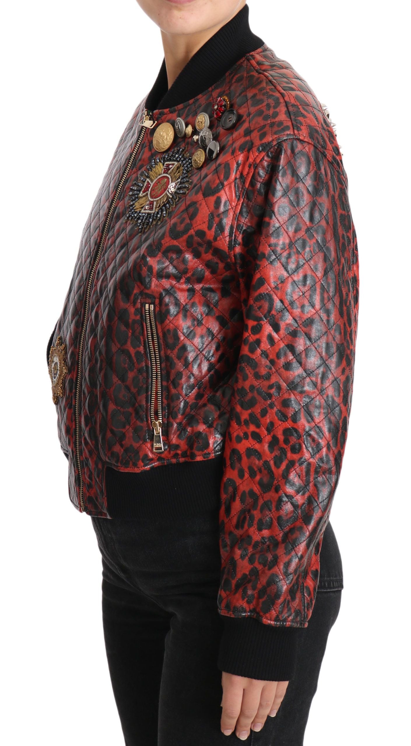 Dolce & Gabbana Red Leopard Bomber Leather Jacket with Crystal Women's Buttons