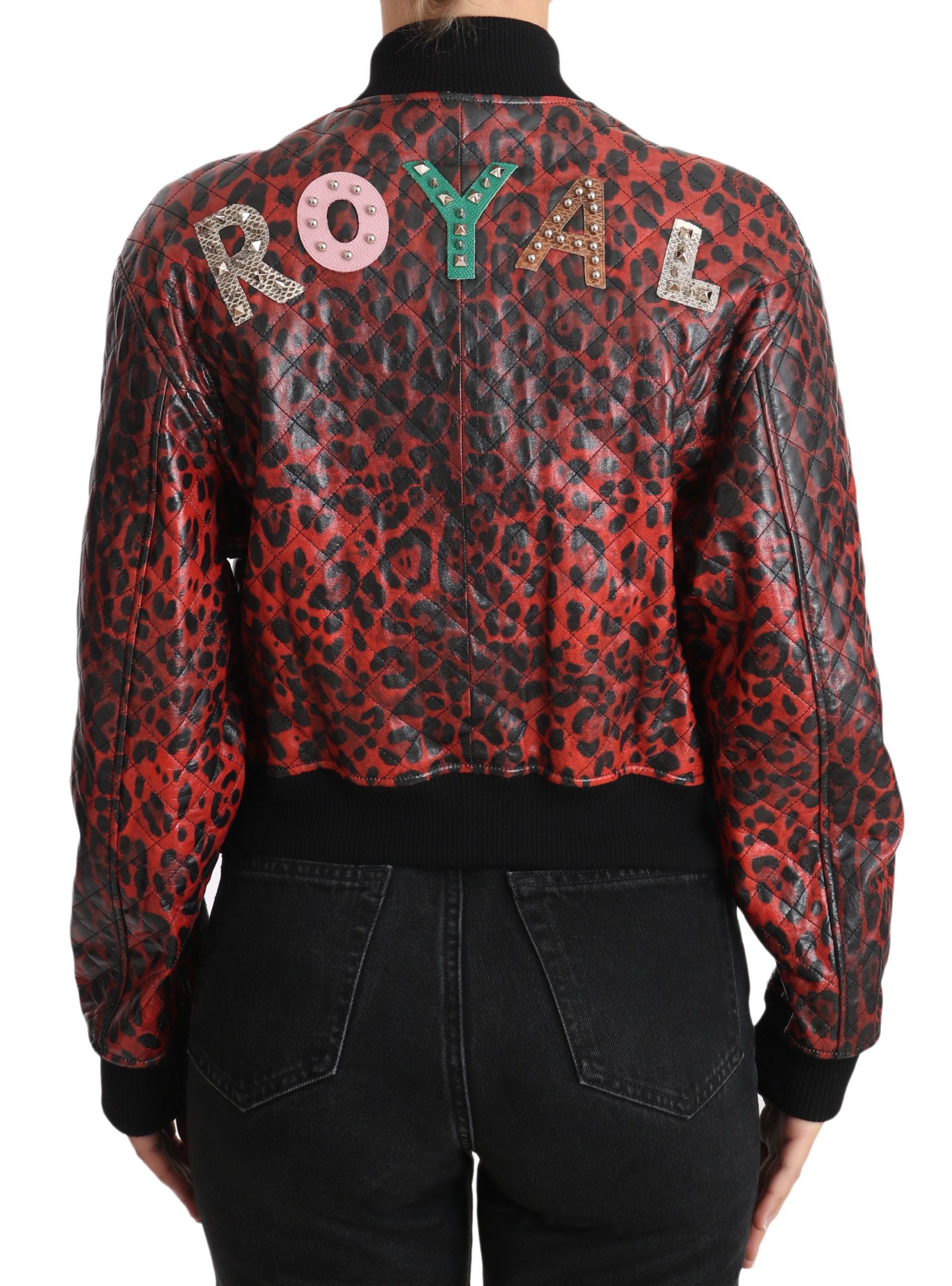 Dolce & Gabbana Red Leopard Bomber Leather Jacket with Crystal Women's Buttons