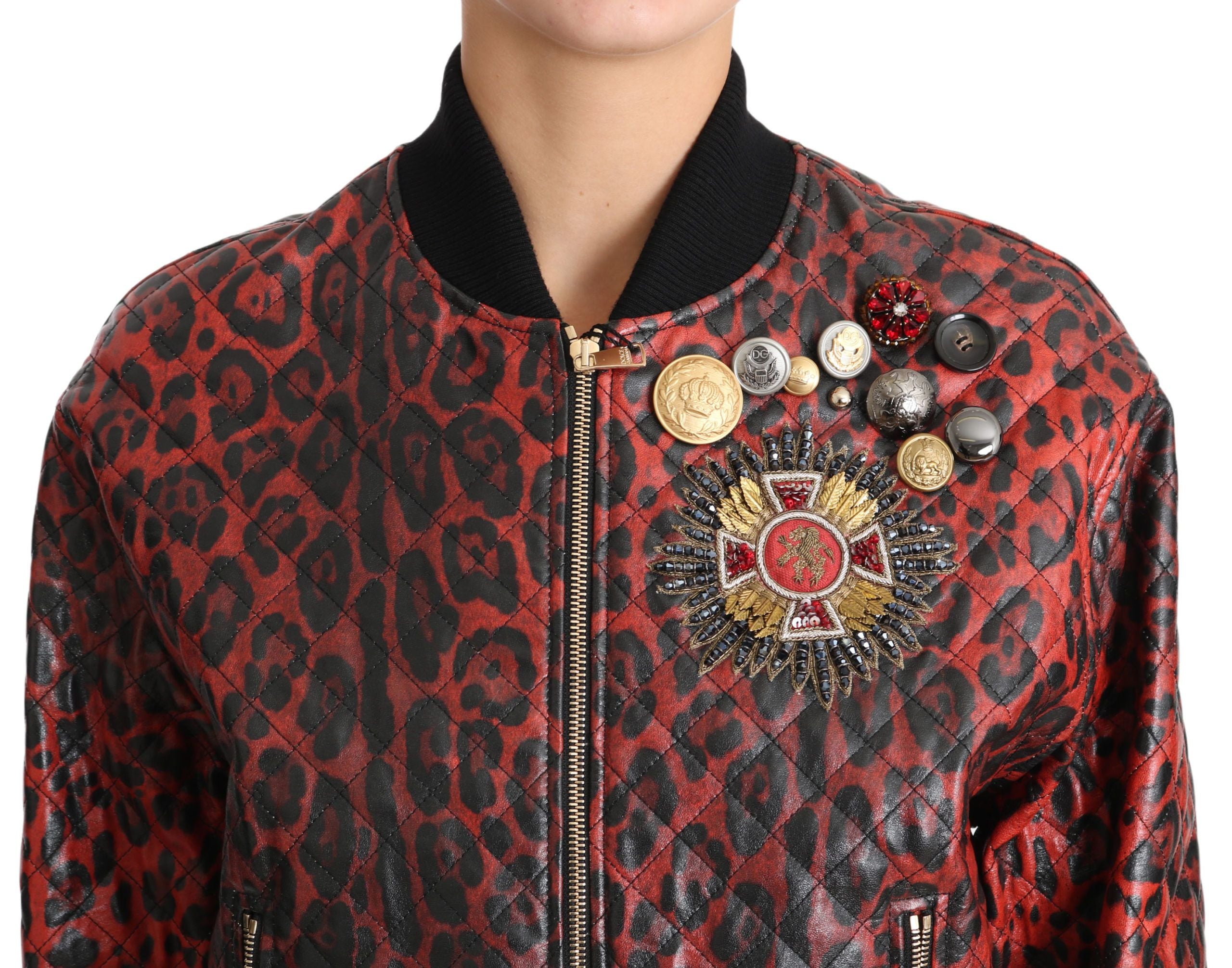 Dolce & Gabbana Red Leopard Bomber Leather Jacket with Crystal Women's Buttons