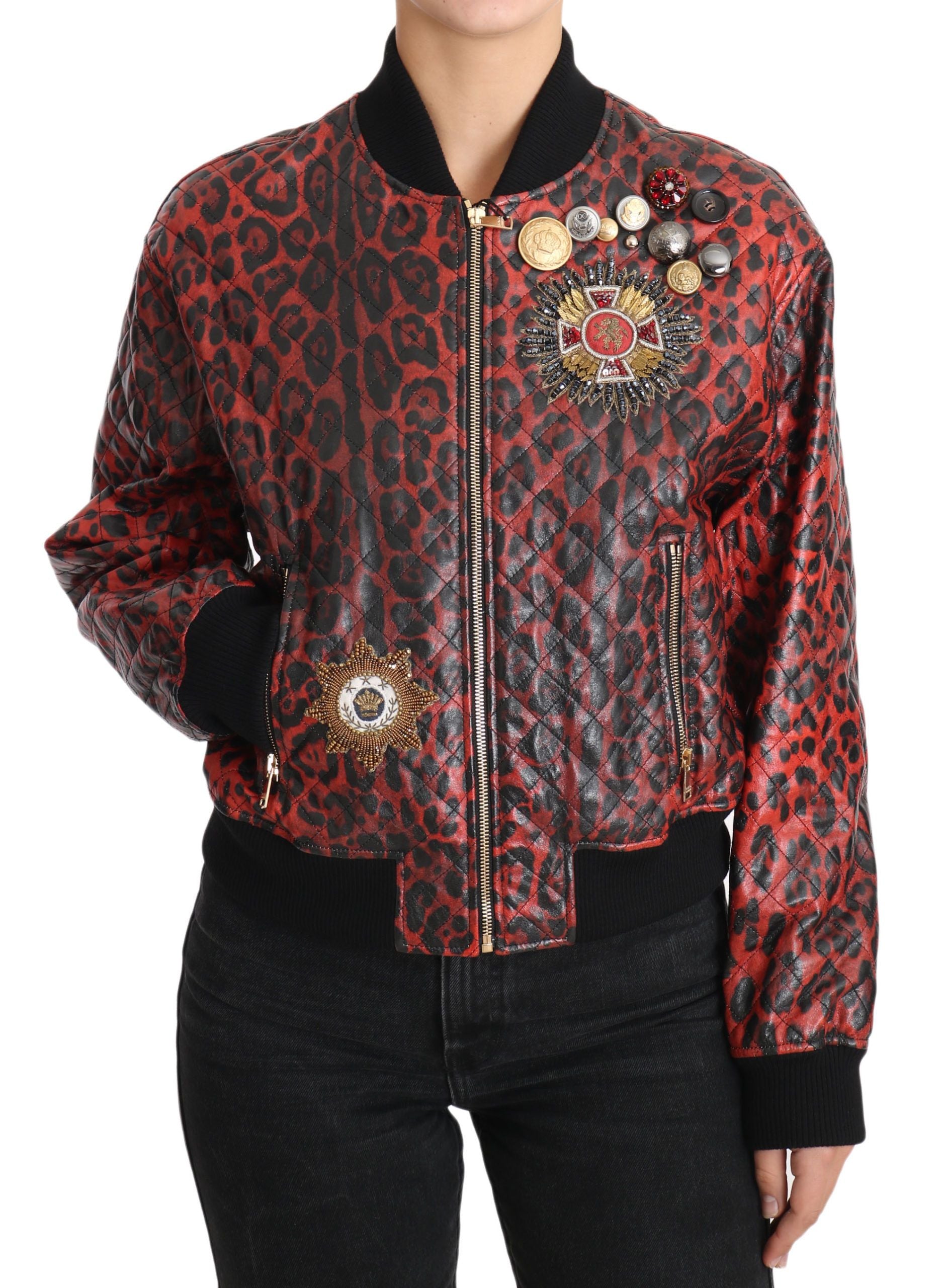 Dolce & Gabbana Red Leopard Bomber Leather Jacket with Crystal Women's Buttons