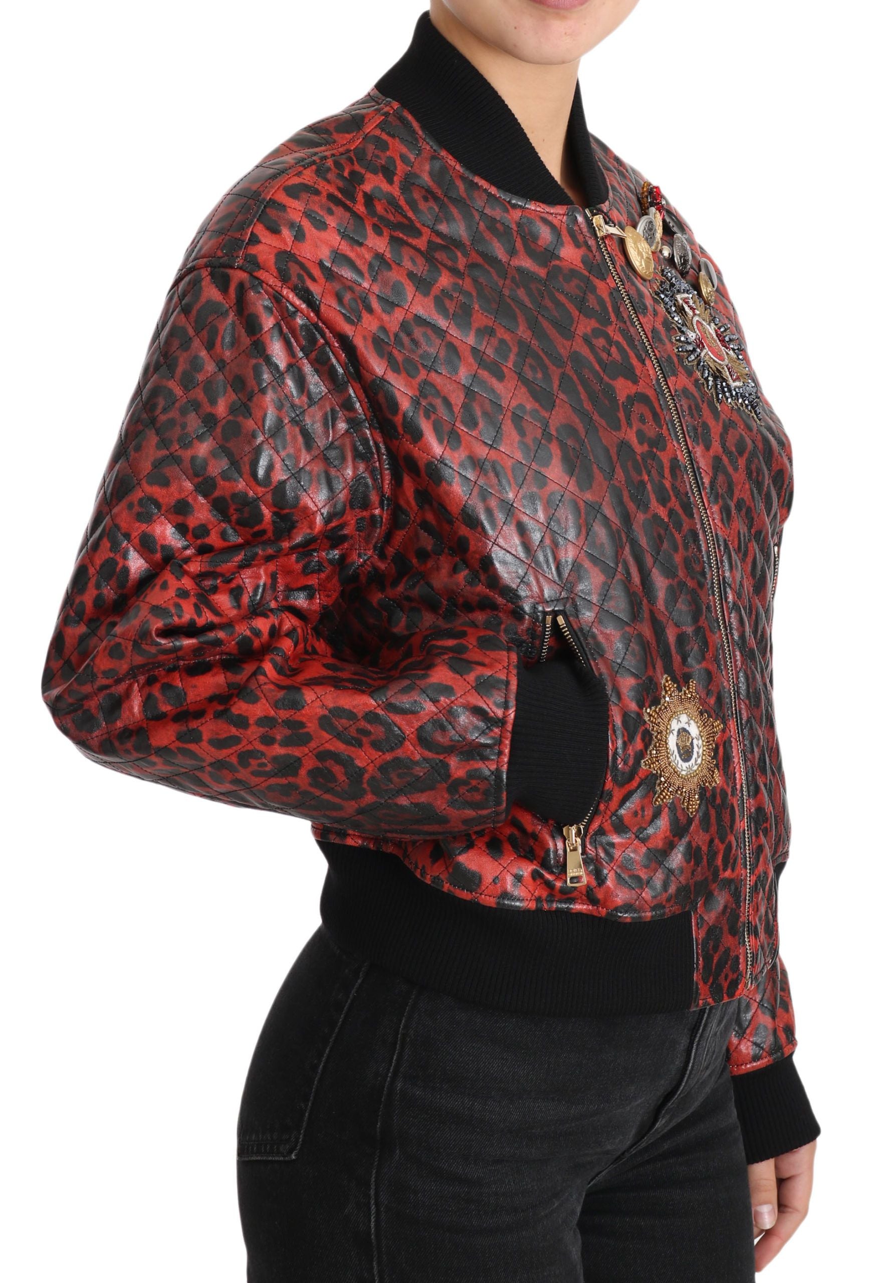 Dolce & Gabbana Red Leopard Bomber Leather Jacket with Crystal Women's Buttons