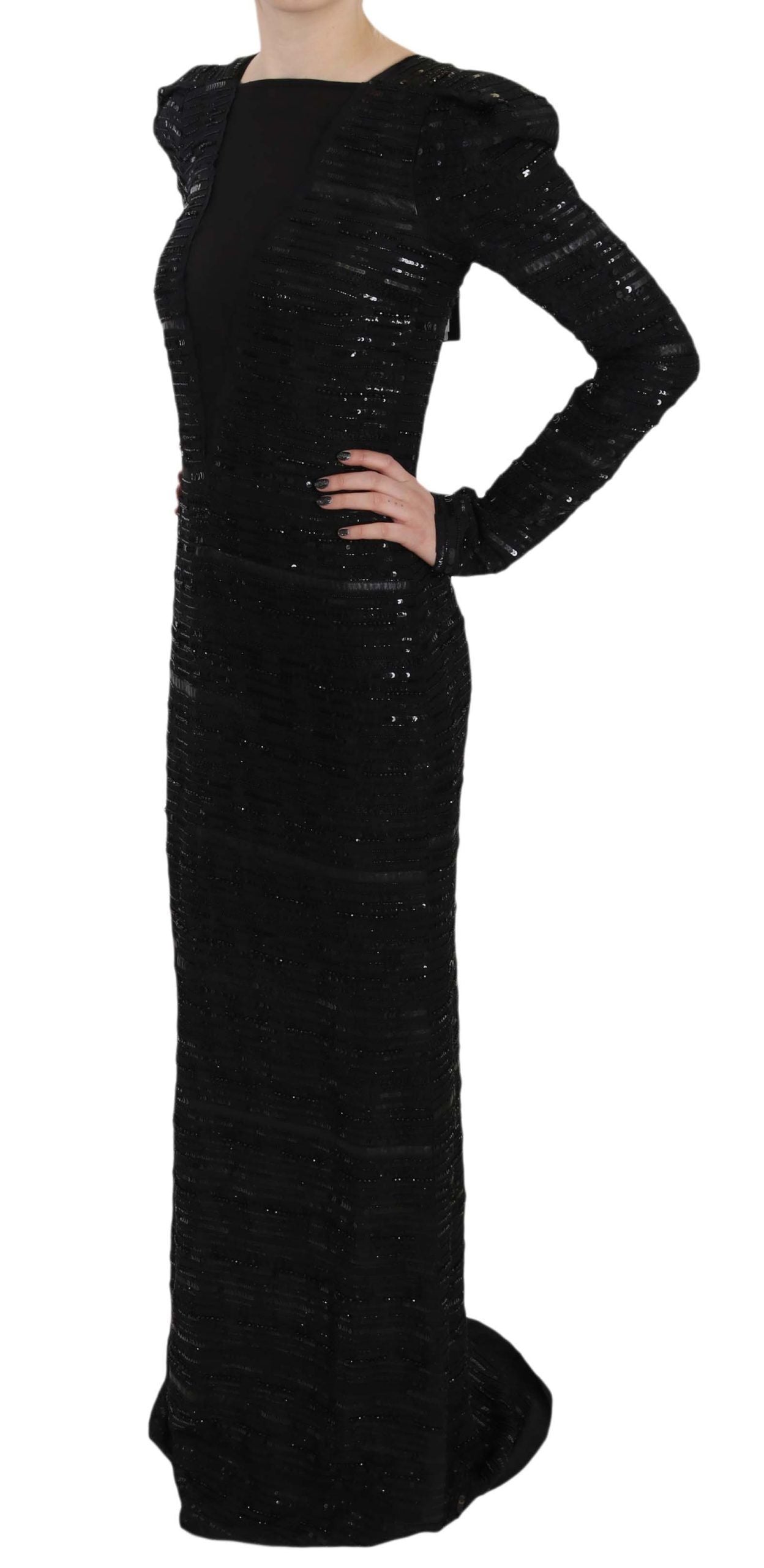 John Richmond Black Silk Sheath Maxi Dress with Women's Sequins