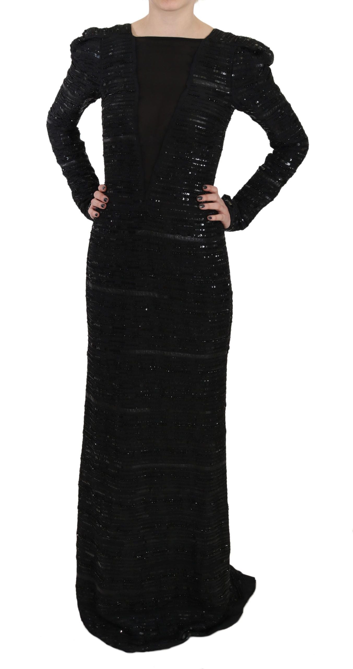 John Richmond Black Silk Sheath Maxi Dress with Women's Sequins