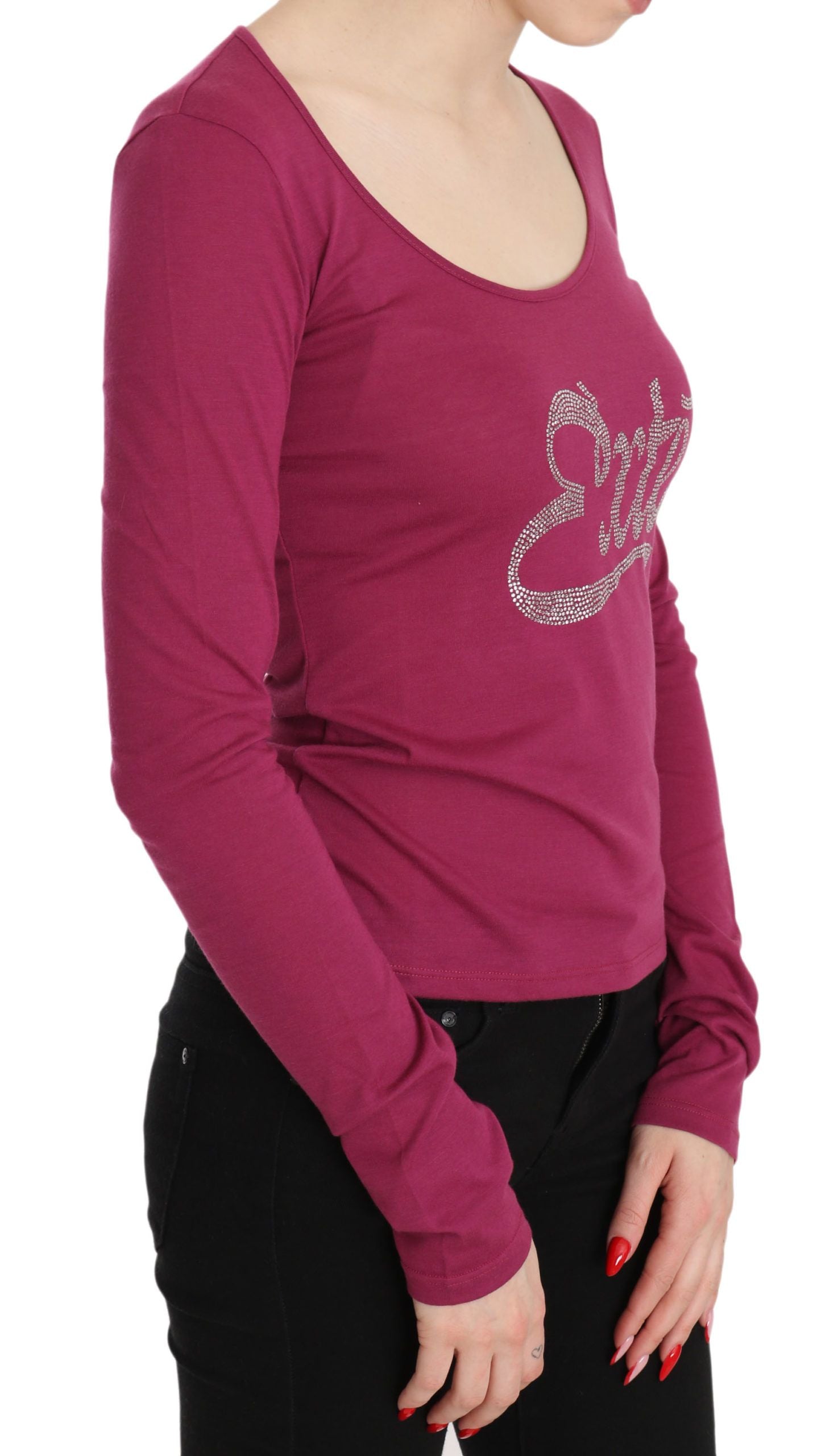 Exte Elegant Pink Crystal Embellished Long Sleeve Women's Top