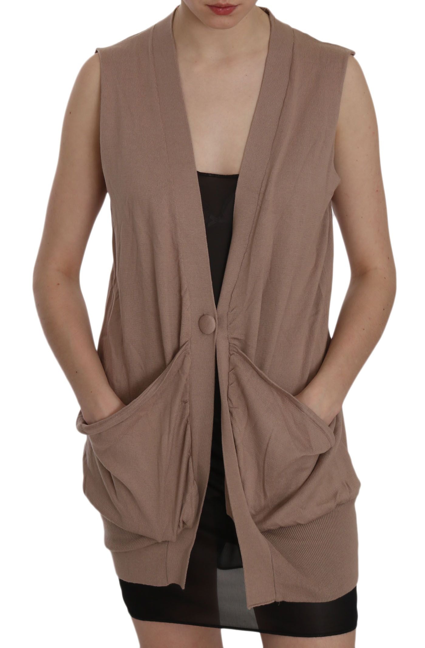 PINK MEMORIES Chic Sleeveless Cotton Cardigan Vest - Elegant Women's Brown