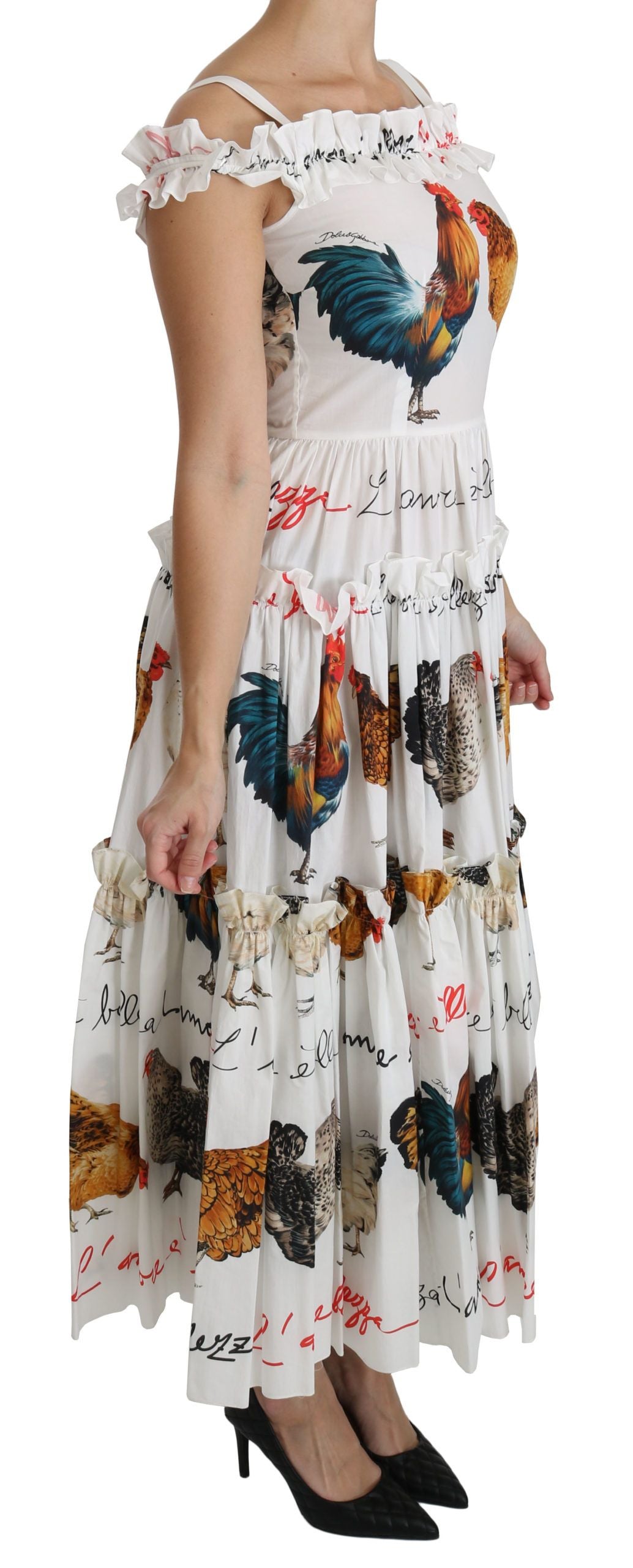 Dolce & Gabbana Elegant White Rooster Print Sheath Midi Women's Dress