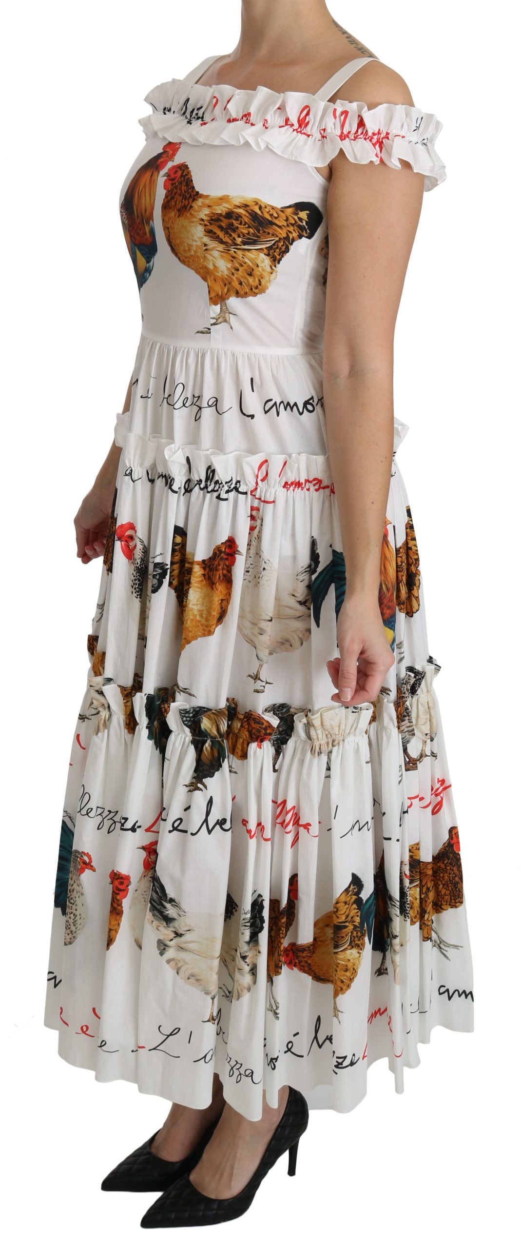 Dolce & Gabbana Elegant White Rooster Print Sheath Midi Women's Dress