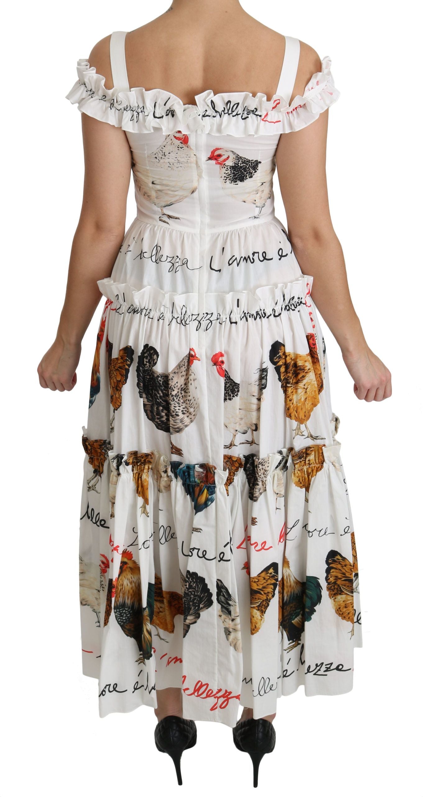 Dolce & Gabbana Elegant White Rooster Print Sheath Midi Women's Dress