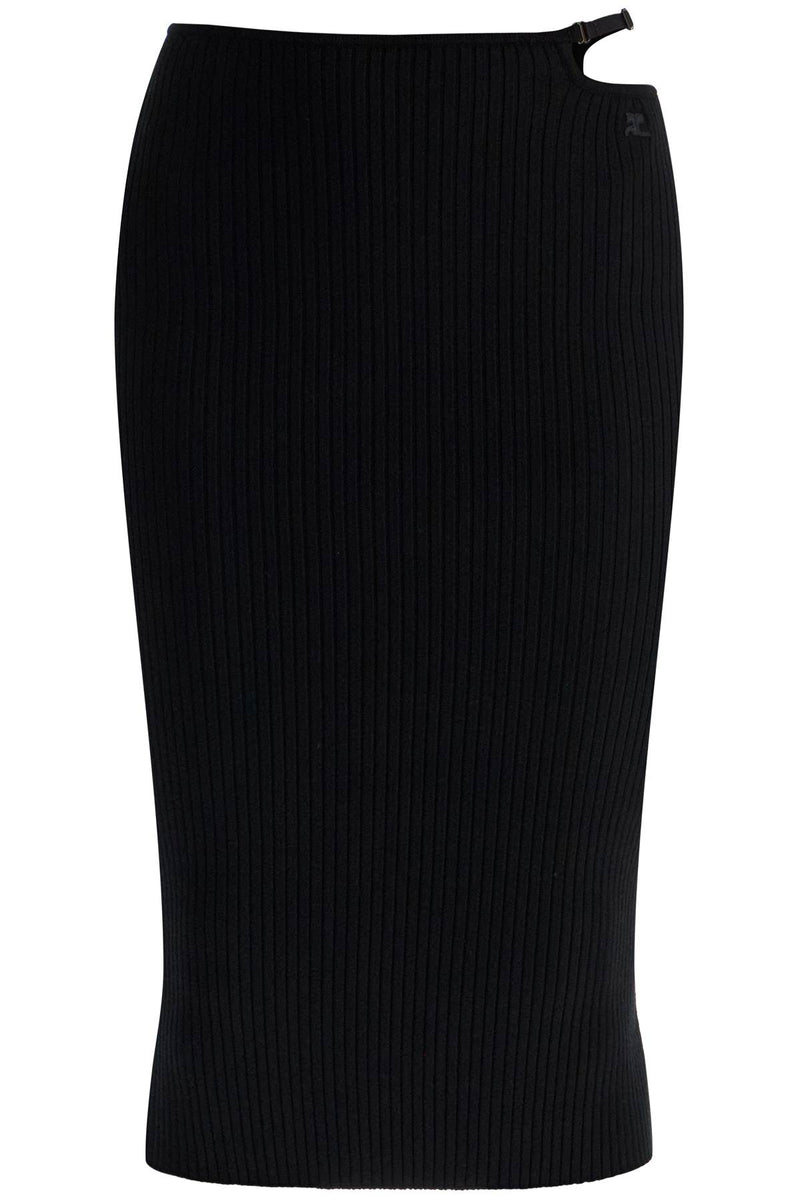 Courreges Women's Black Midi Skirt In Viscose And Polyester With Vertical Ribs