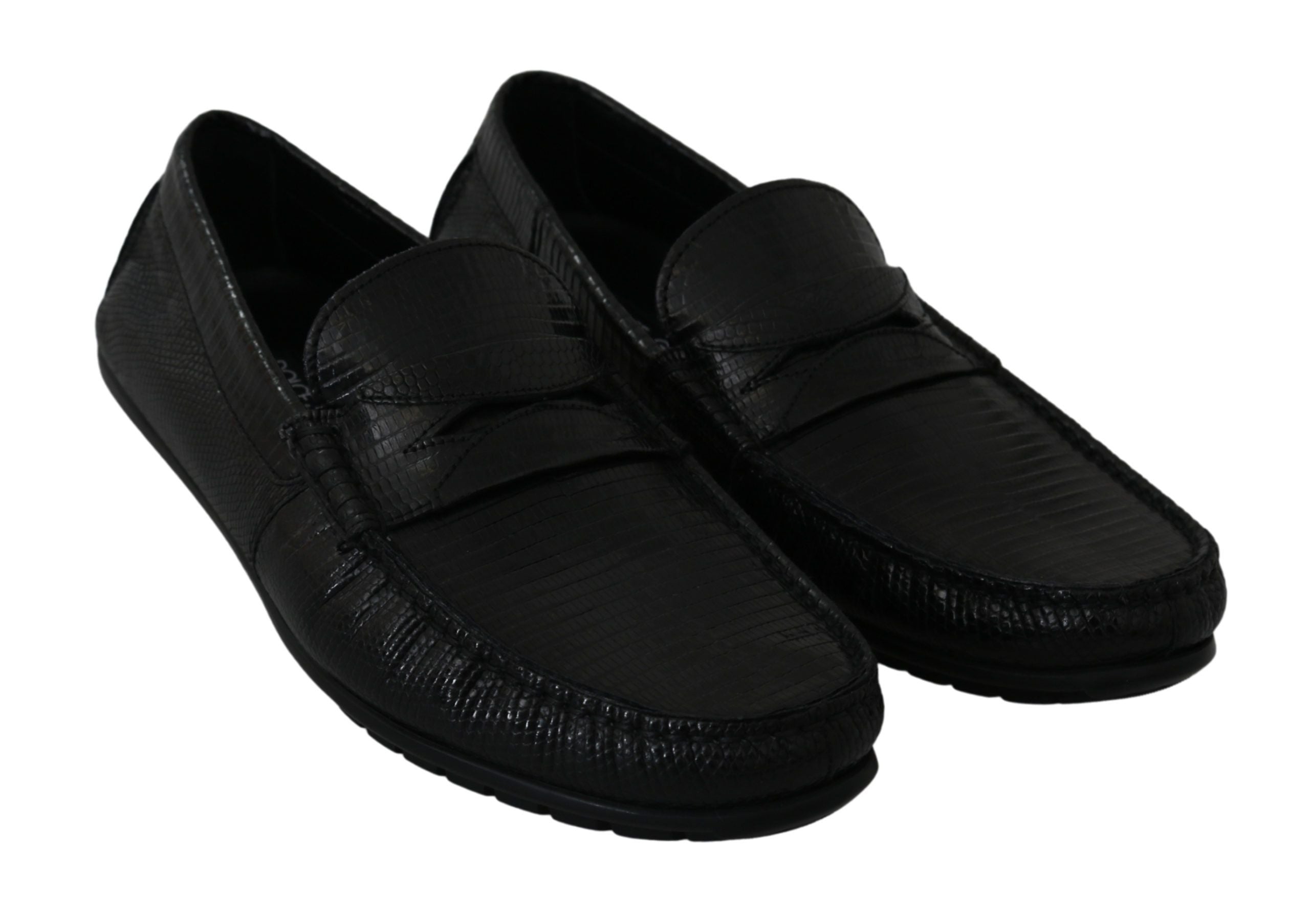 Dolce & Gabbana Black Lizard Leather Flat Loafers Men's Shoes