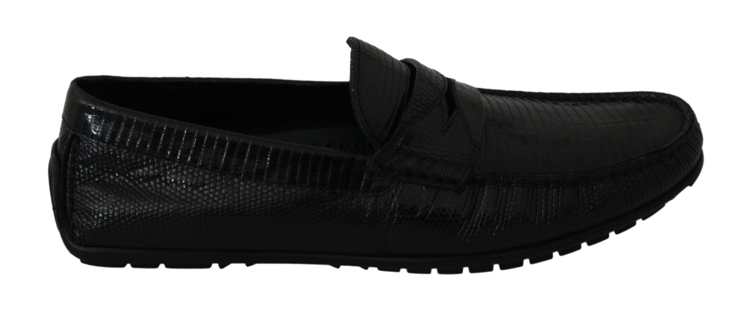 Dolce & Gabbana Black Lizard Leather Flat Loafers Men's Shoes