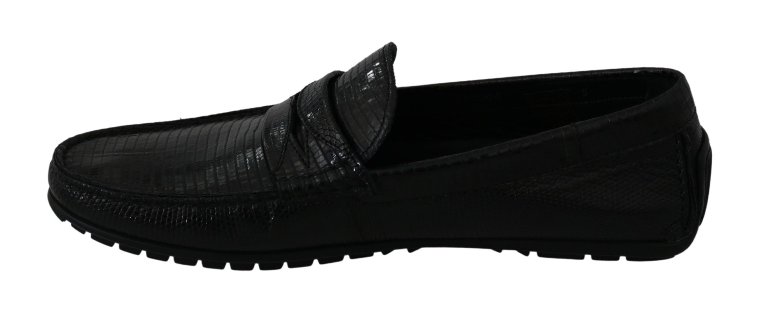 Dolce & Gabbana Black Lizard Leather Flat Loafers Men's Shoes