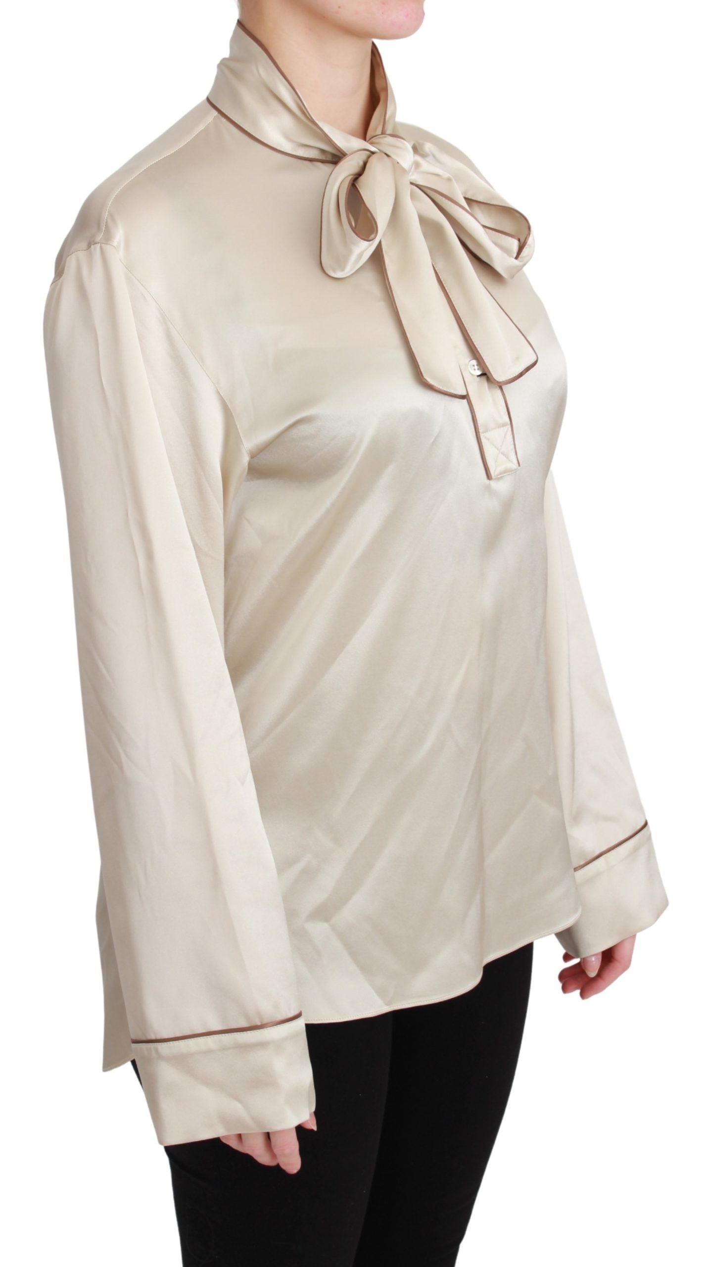 Dolce & Gabbana Elegant Beige Silk Satin Blouse with QUEEN Women's Embroidery