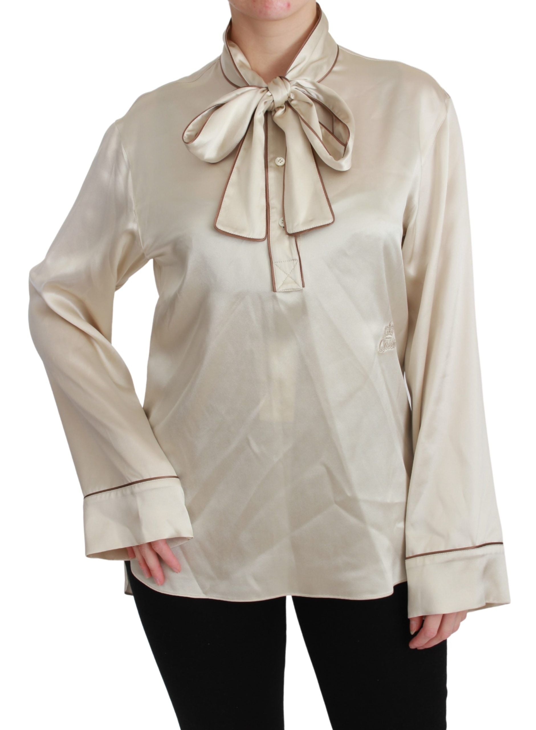 Dolce & Gabbana Elegant Beige Silk Satin Blouse with QUEEN Women's Embroidery