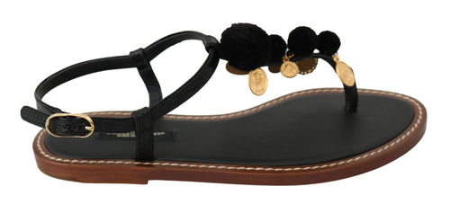 Dolce & Gabbana Pom Pom Flip Flop Ankle Strap Women's Flats