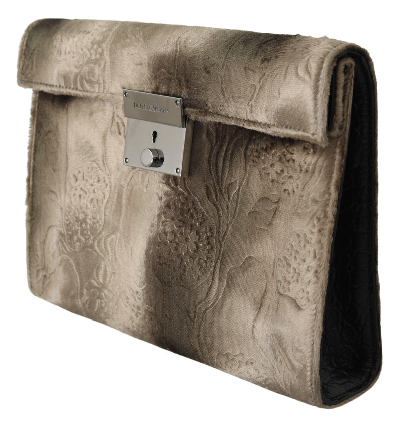 Dolce & Gabbana Beige Velvet Croco-Print Leather Briefcase Men's Clutch