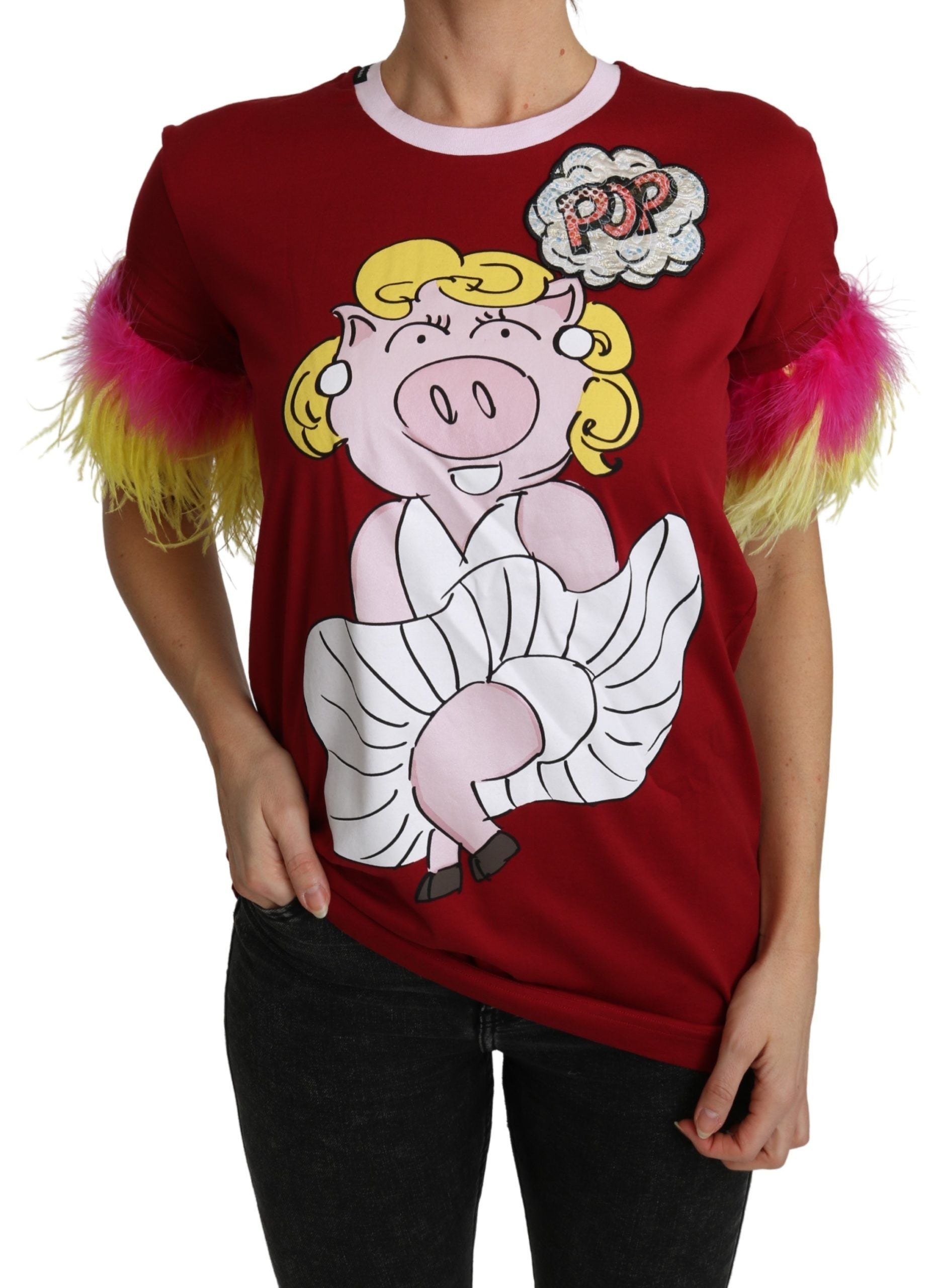 Dolce & Gabbana Chic Red Pig Print Crew Neck Women's T-Shirt