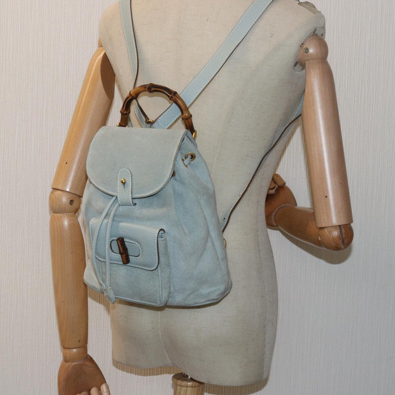 Gucci Bamboo Blue Suede Backpack Bag (Pre-Owned)