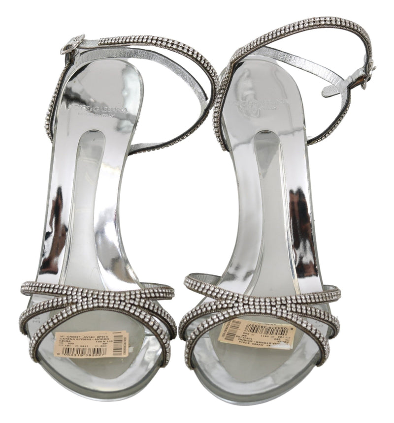 Dolce & Gabbana Silver Leather Ankle Strap Sandals with Women's Crystals