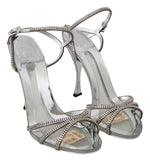 Dolce & Gabbana Silver Leather Ankle Strap Sandals with Women's Crystals