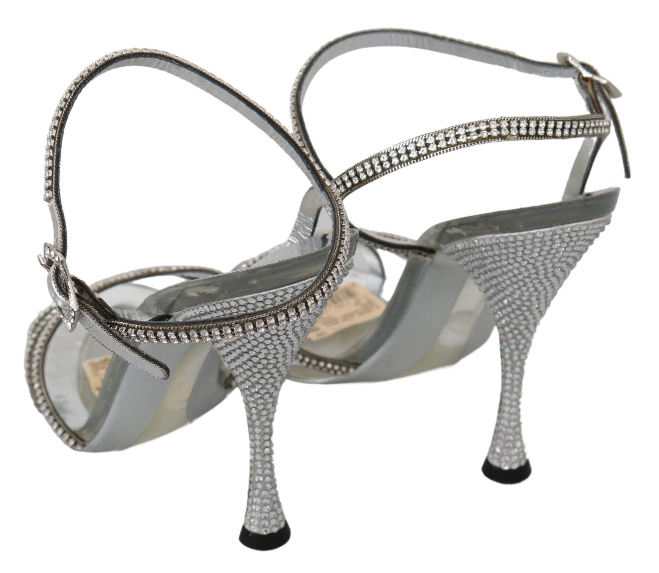 Dolce & Gabbana Silver Leather Ankle Strap Sandals with Women's Crystals