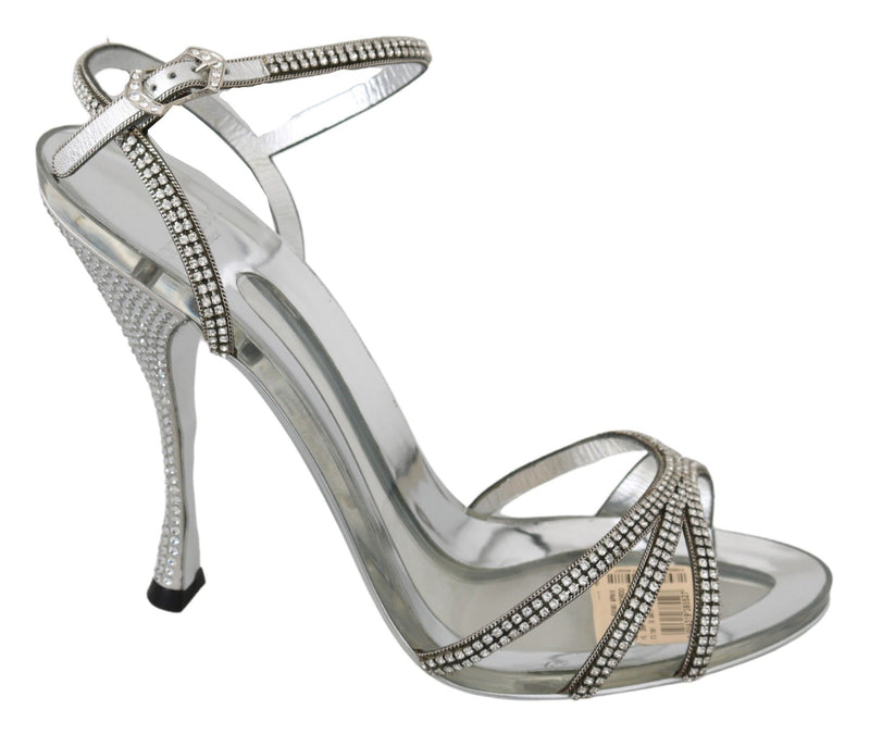 Dolce & Gabbana Silver Leather Ankle Strap Sandals with Women's Crystals