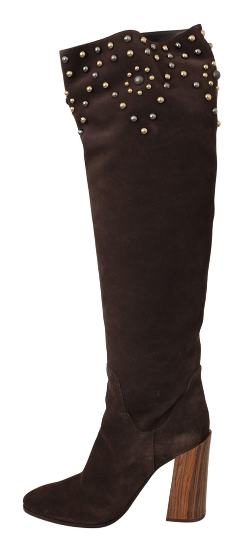 Dolce & Gabbana Studded Suede Knee High Boots in Women's Brown