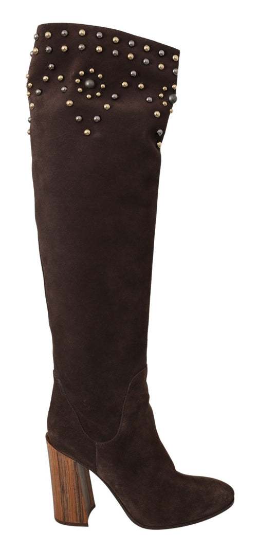 Dolce & Gabbana Studded Suede Knee High Boots in Women's Brown