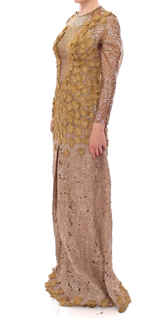 Lanre Da Silva Ajayi Exquisite Gold Lace Maxi Dress with Women's Crystals