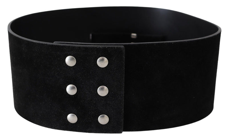 GF Ferre Elegant Black Leather Wide Belt with Silver Tone Women's Buckle