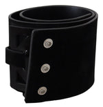 GF Ferre Elegant Black Leather Wide Belt with Silver Tone Women's Buckle