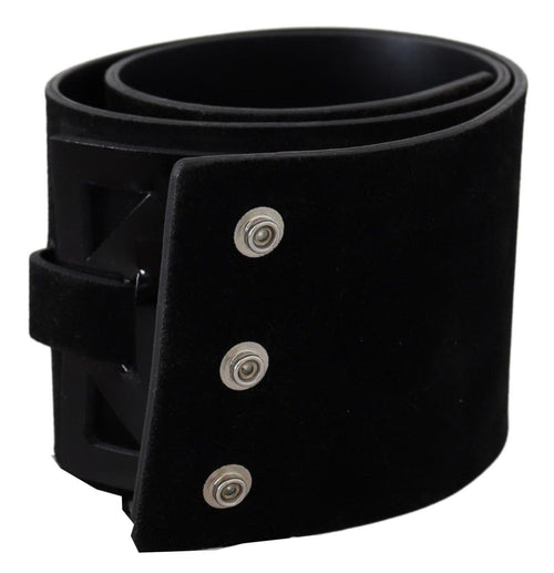 GF Ferre Elegant Black Leather Wide Belt with Silver Tone Women's Buckle