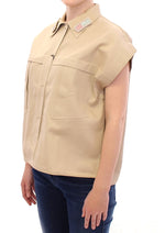 Andrea Incontri Sleeveless Beige Cotton Tank Top with Women's Brooches