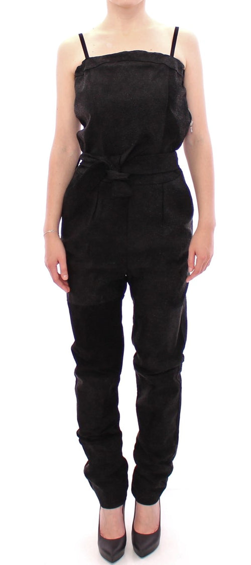 La Maison du Couturier Elegant Black Leather Jumpsuit with Waist Women's Strap