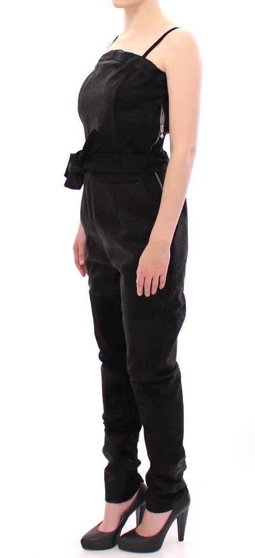 La Maison du Couturier Elegant Black Leather Jumpsuit with Waist Women's Strap