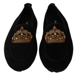 Dolce & Gabbana Elegant Black Leather Loafer Slides with Gold Men's Embroidery