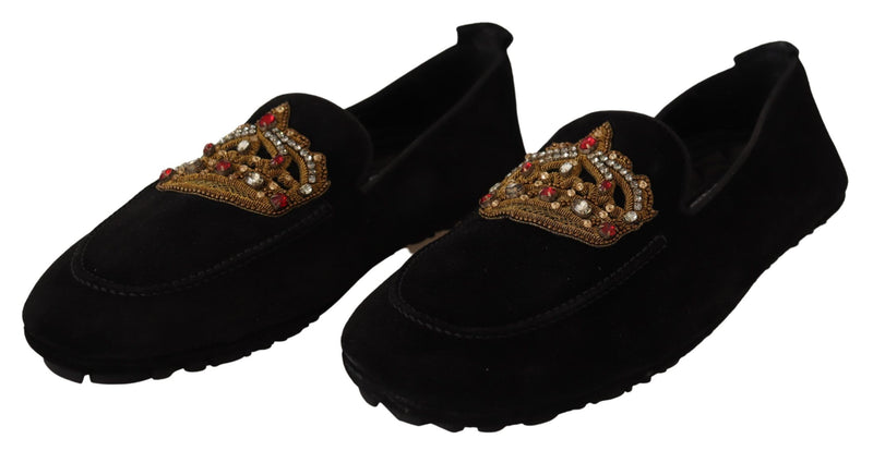 Dolce & Gabbana Elegant Black Leather Loafer Slides with Gold Men's Embroidery