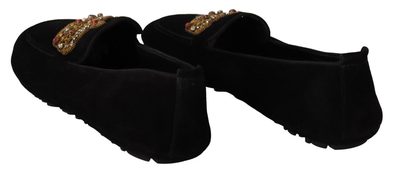 Dolce & Gabbana Elegant Black Leather Loafer Slides with Gold Men's Embroidery