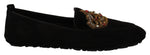 Dolce & Gabbana Elegant Black Leather Loafer Slides with Gold Men's Embroidery