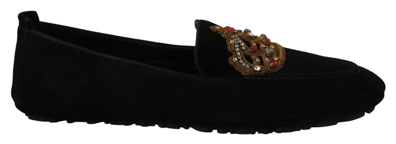 Dolce & Gabbana Elegant Black Leather Loafer Slides with Gold Men's Embroidery