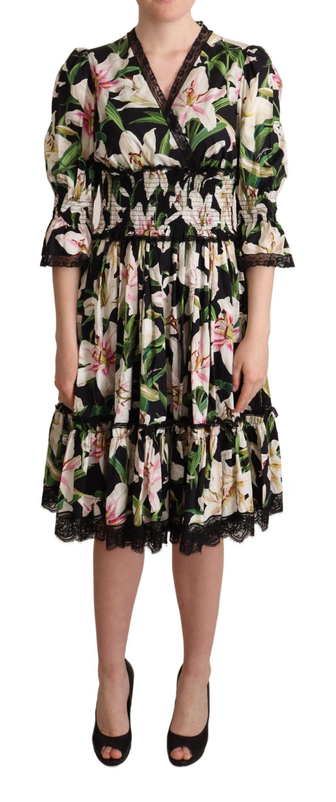 Dolce & Gabbana Elegant Lily Print Midi Dress with Lace Women's Trim