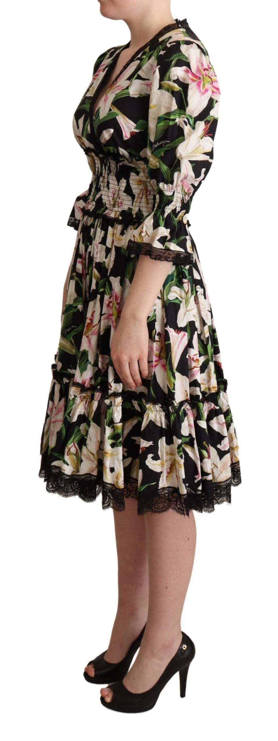 Dolce & Gabbana Elegant Lily Print Midi Dress with Lace Women's Trim