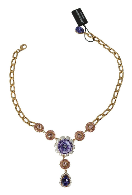 Dolce & Gabbana Elegant Gold Crystal Floral Charm Women's Necklace