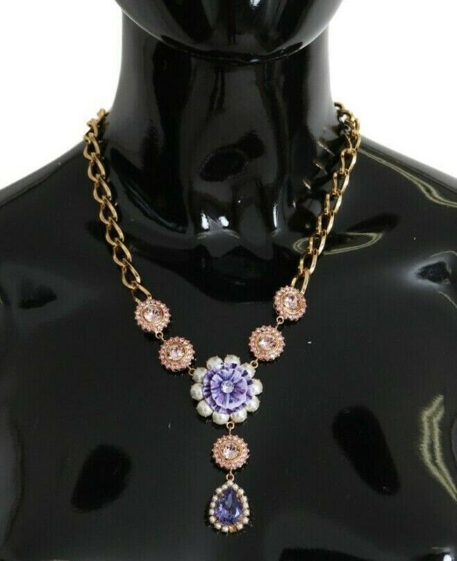 Dolce & Gabbana Elegant Gold Crystal Floral Charm Women's Necklace