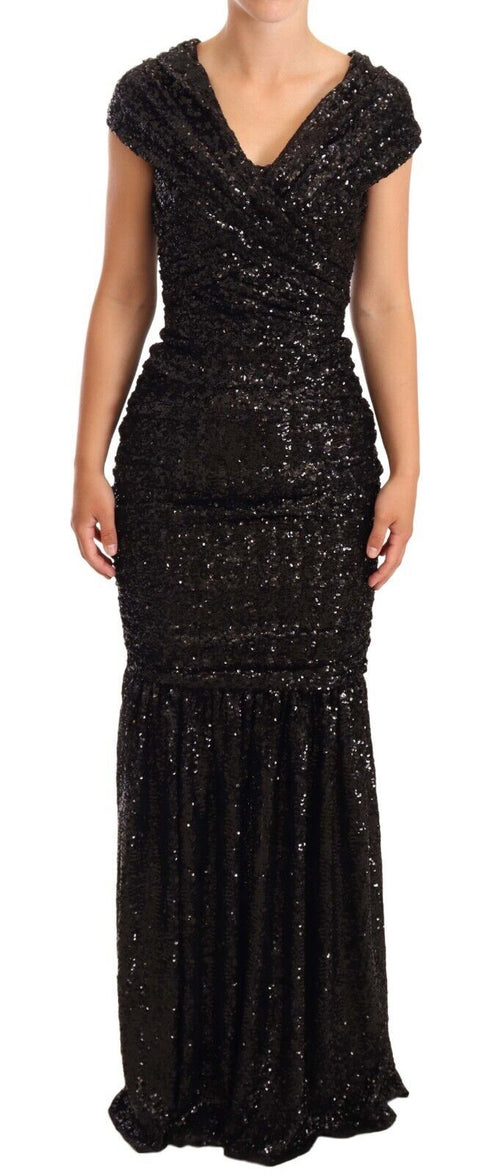 Dolce & Gabbana Elegant Black Sequined Open Shoulder Women's Gown