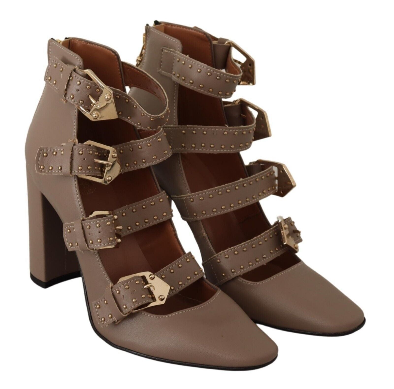 MY TWIN Elegant Leather Multi-Buckle Heels in Women's Brown