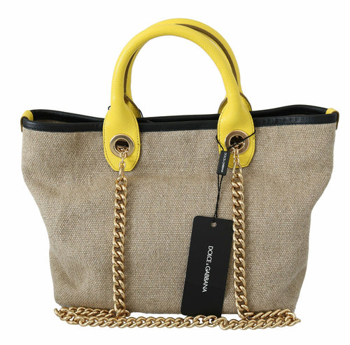 Dolce & Gabbana Beige Linen-Calf Tote with Gold Women's Chain